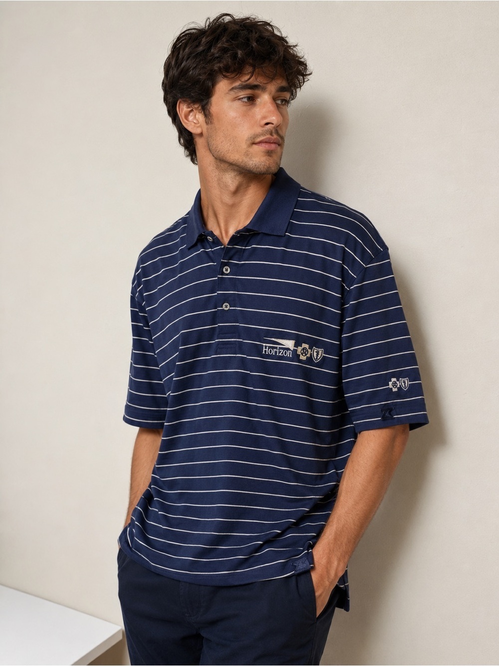 Cutter & Buck Horizon BCBS Striped Polo Shirt LG Navy Blue Mercerized Cotton